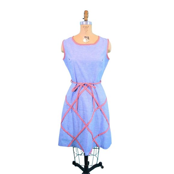 Vintage 1960s Picnic Dress Blue Chambray Red Checkered Sheath | W 28" - Picture 2 of 9